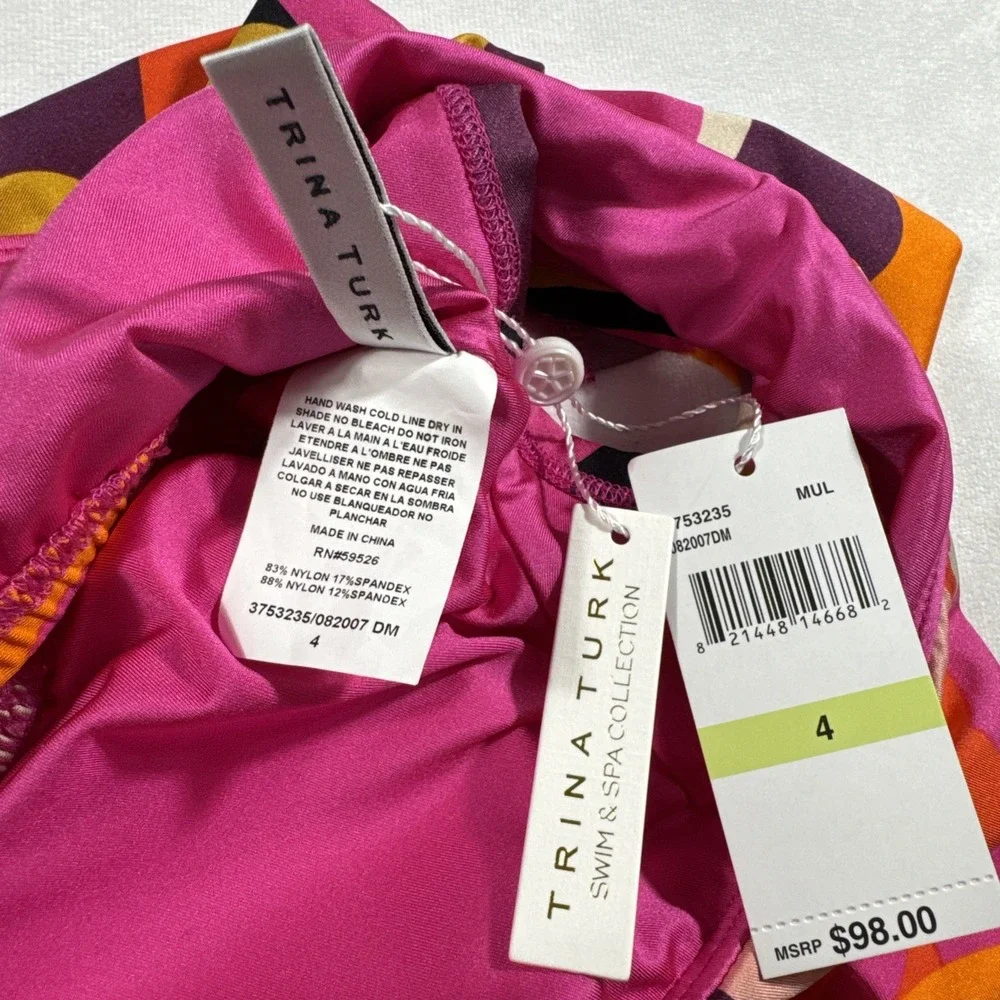 Trina Turk Bikini Top Women's Size 4‎ Multicolored Ruffle Padded Stretch NWT $98